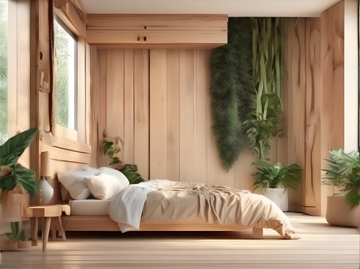 Camera da letto interamente in legno con piante