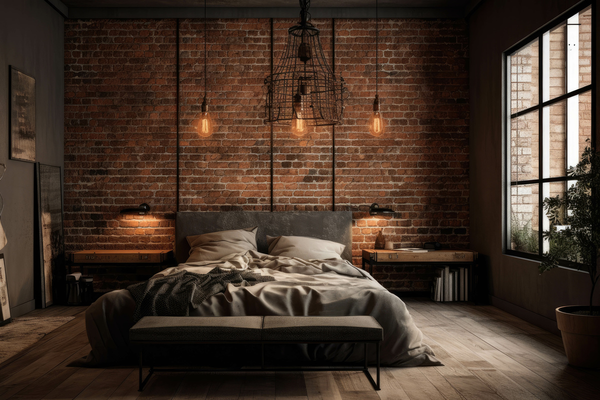 Camera d letto con muro in pietra stile industriale