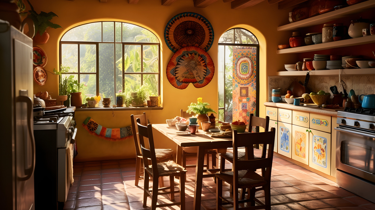 Cucina colorata stile messicano illuminata da luce naturale