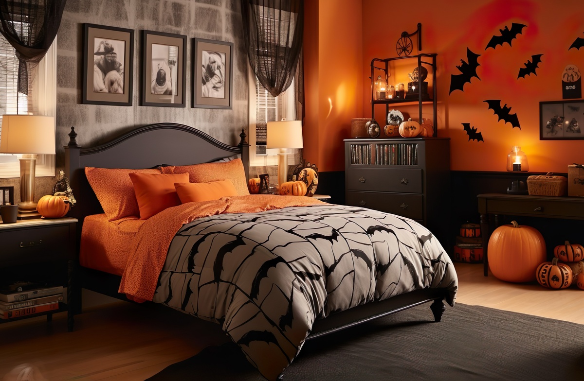 Camera da letto nera e arancione stile Halloween