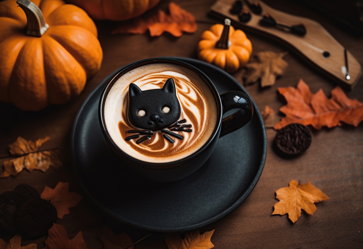Colazione tema Halloween con cappuccino con gatto nero e zucche